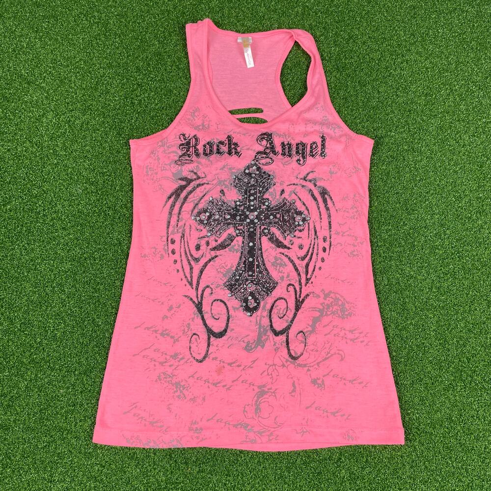 Y2K Rock Angel Rhinestones Cross Wing Distressed Emo Grunge Punk Tank Top Sz XL